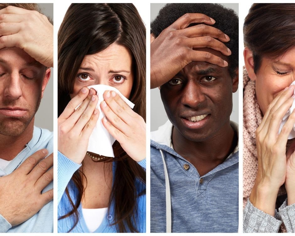 a strip of photos of different people blowing their nose and holding their heads