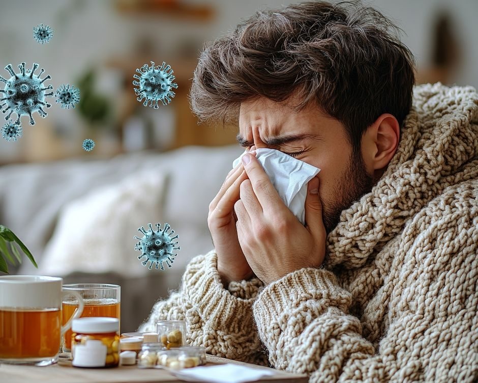 A man blows his nose as virus particles float in the air