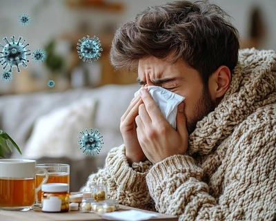 A man blows his nose as virus particles float in the air